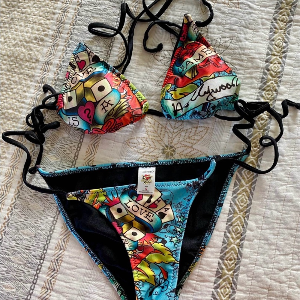 Ed Hardy Blue and Red Graphic Bikini